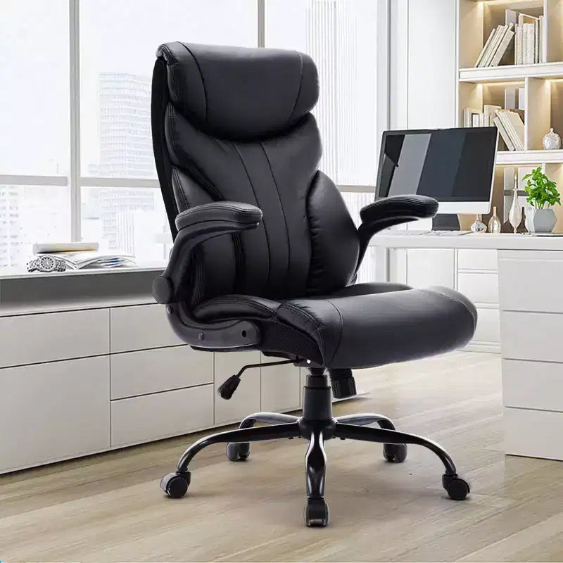 Fauteuil de bureau de direction à dossier haut - Capacité de 227 kg Fauteuil pivotant ergonomique en cuir PU avec hauteur réglable, support lombaire et accoudoirs relevables