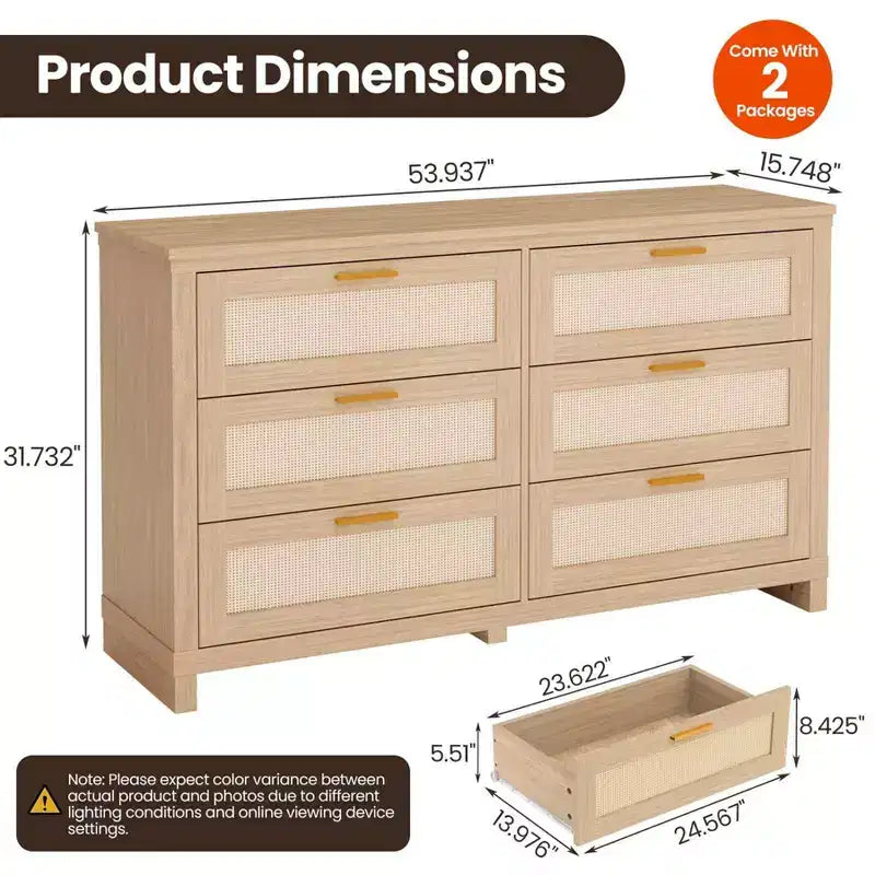 Commode Zstar pour chambre, armoire de rangement en bois avec façades en rotin