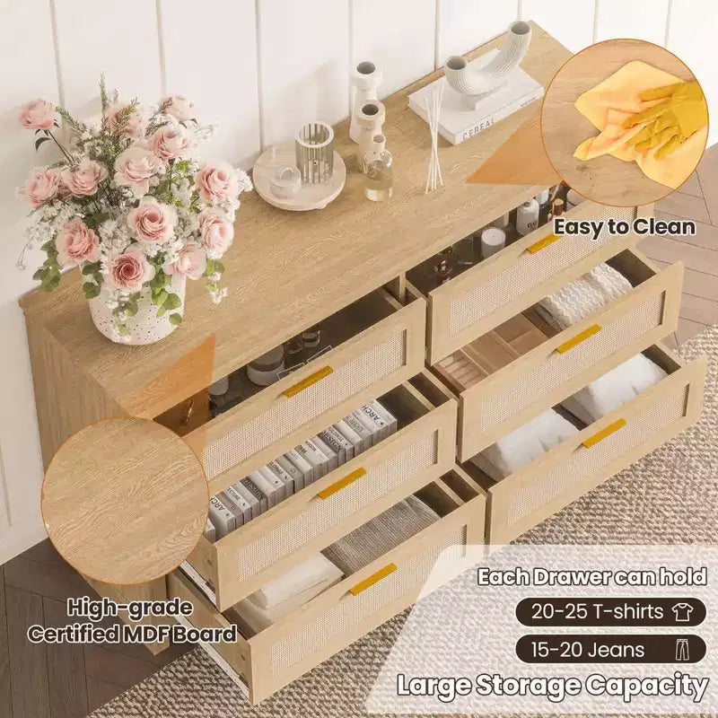 Commode Zstar pour chambre, armoire de rangement en bois avec façades en rotin
