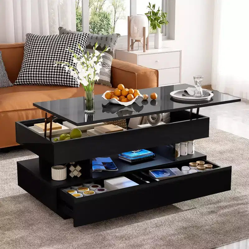 Table basse relevable avec 2 tiroirs et LED, table de cocktail moderne, table d'appoint de canapé, table de rangement avec compartiment caché, blanc/noir - ModernLuxe