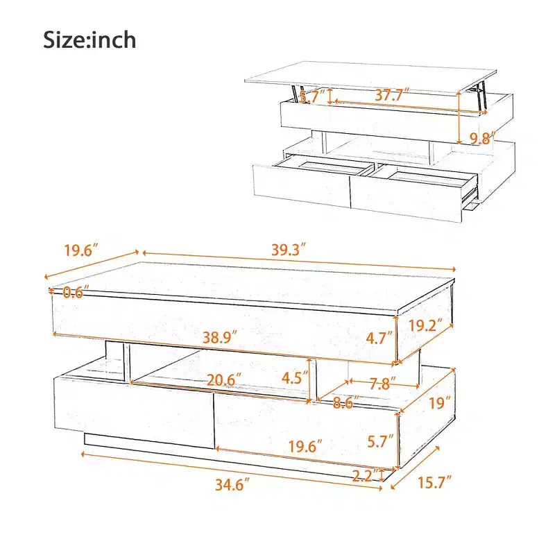 Table basse relevable avec 2 tiroirs et LED, table de cocktail moderne, table d'appoint de canapé, table de rangement avec compartiment caché, blanc/noir - ModernLuxe