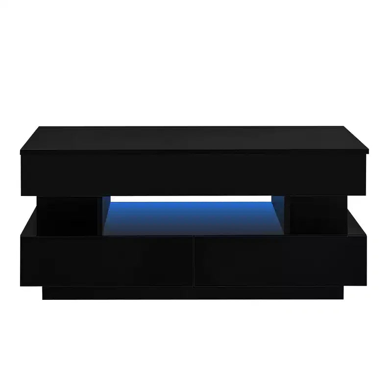 Table basse relevable avec 2 tiroirs et LED, table de cocktail moderne, table d'appoint de canapé, table de rangement avec compartiment caché, blanc/noir - ModernLuxe