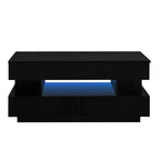 Table basse relevable avec 2 tiroirs et LED, table de cocktail moderne, table d'appoint de canapé, table de rangement avec compartiment caché, blanc/noir - ModernLuxe