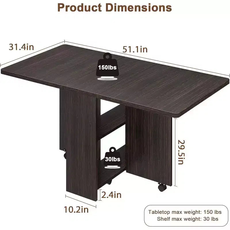 Table de salle à manger pliable et compacte pour 4 personnes avec abattant, 2 étagères de rangement et 6 roulettes pour une mobilité facile