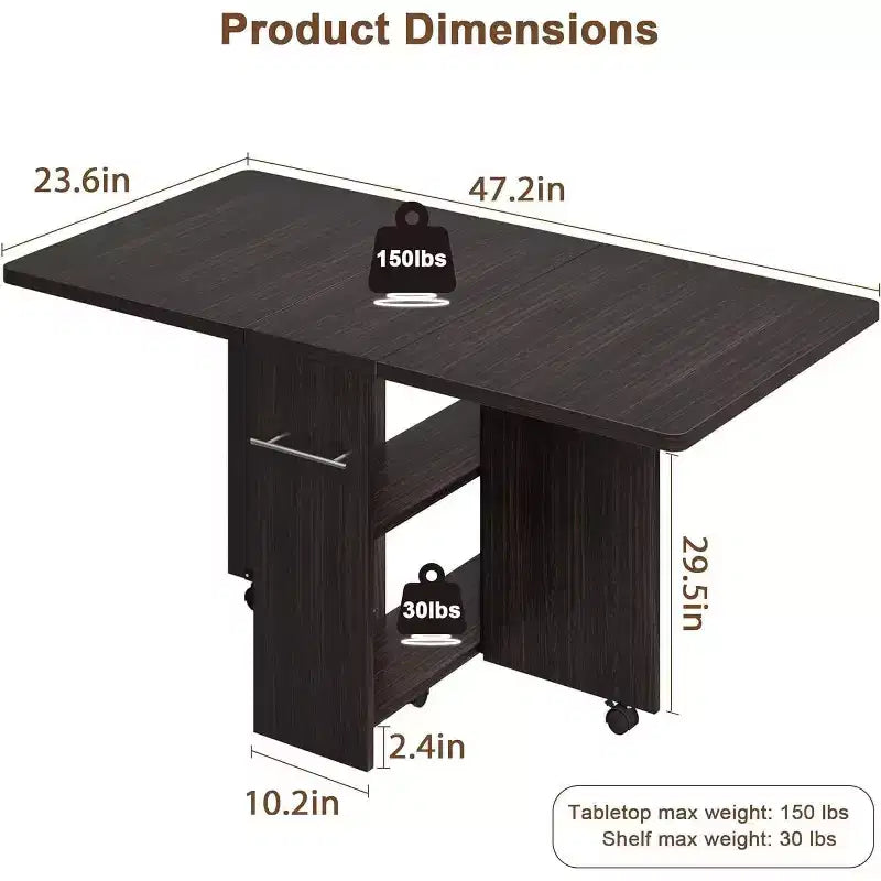 Table de salle à manger pliable et compacte pour 4 personnes avec abattant, 2 étagères de rangement et 6 roulettes pour une mobilité facile