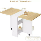 Table de salle à manger pliable et compacte pour 4 personnes avec abattant, 2 étagères de rangement et 6 roulettes pour une mobilité facile
