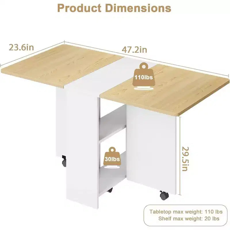 Table de salle à manger pliable et compacte pour 4 personnes avec abattant, 2 étagères de rangement et 6 roulettes pour une mobilité facile