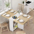 Table de salle à manger pliable et compacte pour 4 personnes avec abattant, 2 étagères de rangement et 6 roulettes pour une mobilité facile