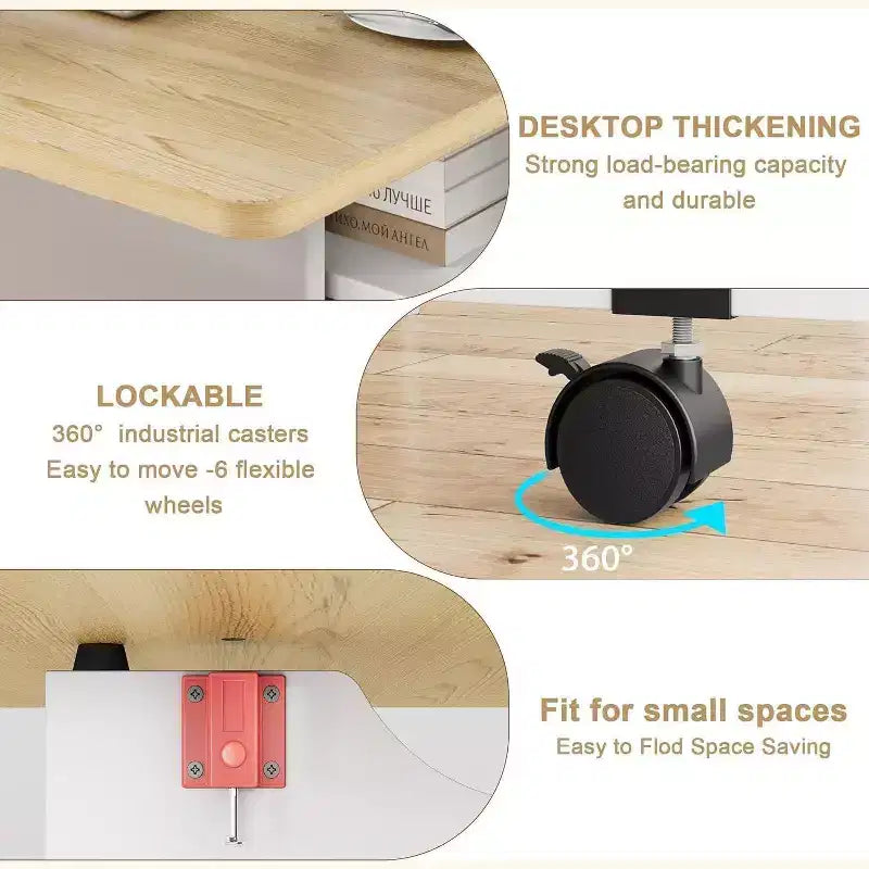 Table de salle à manger pliable et compacte pour 4 personnes avec abattant, 2 étagères de rangement et 6 roulettes pour une mobilité facile