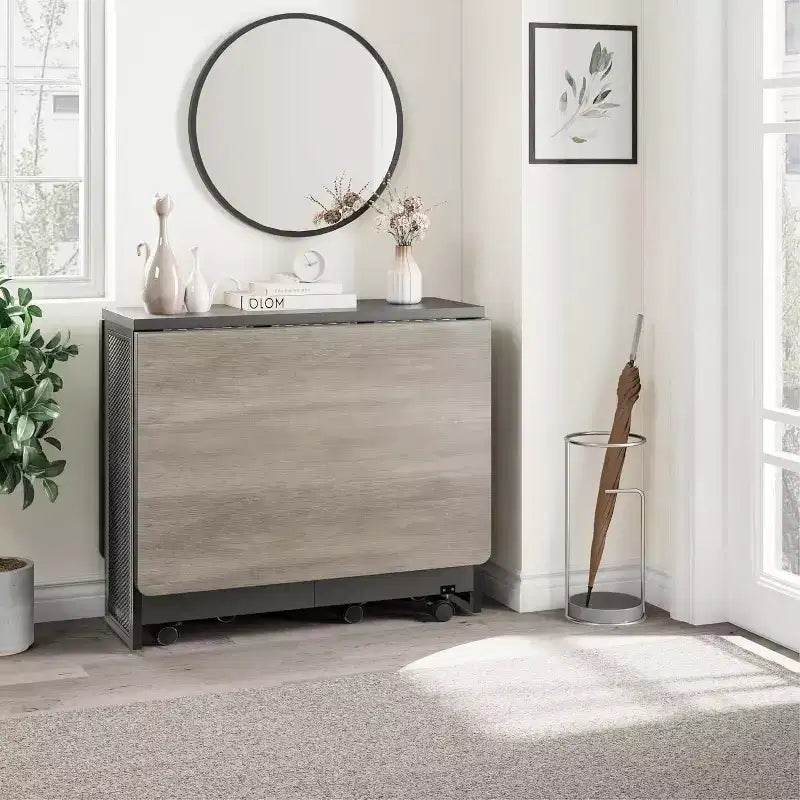 Table de salle à manger pliable et compacte pour 4 personnes avec abattant, 2 étagères de rangement et 6 roulettes pour une mobilité facile
