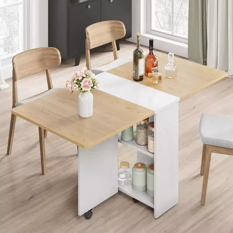 Table de salle à manger pliable et compacte pour 4 personnes avec abattant, 2 étagères de rangement et 6 roulettes pour une mobilité facile