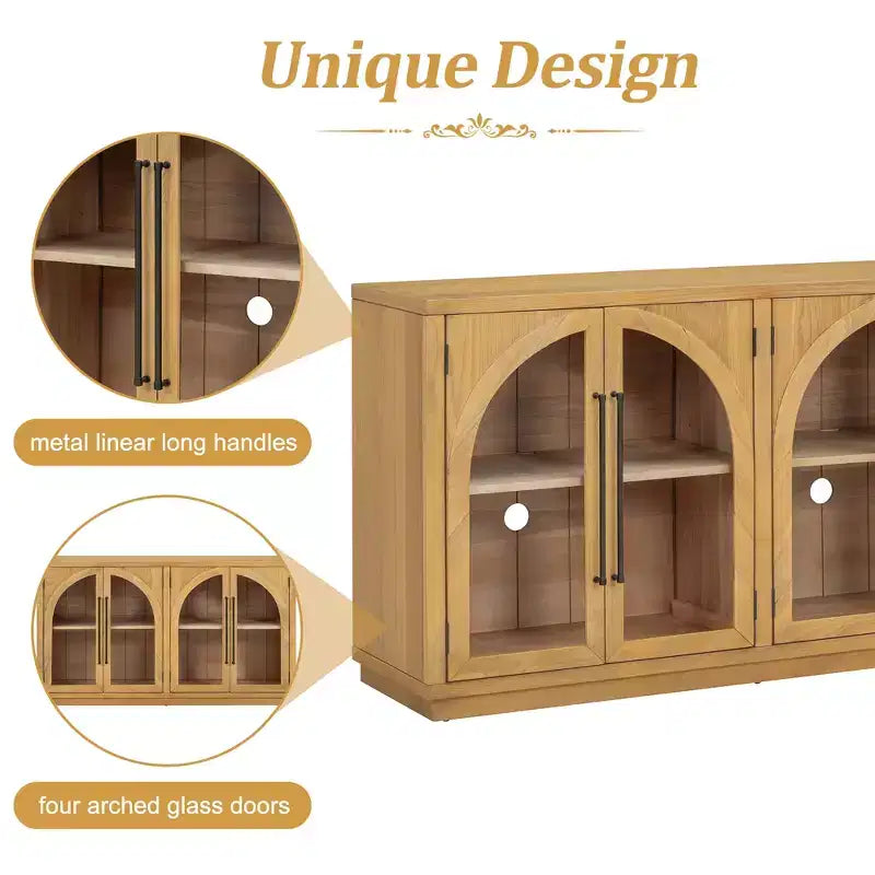 Meuble buffet de rangement Merax à 4 portes de style rétro avec verre arqué et étagères réglables