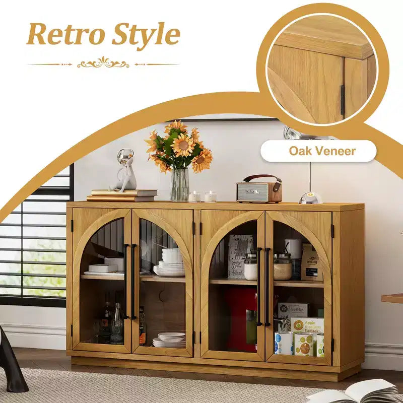 Meuble buffet de rangement Merax à 4 portes de style rétro avec verre arqué et étagères réglables