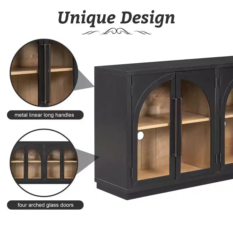 Meuble buffet de rangement Merax à 4 portes de style rétro avec verre arqué et étagères réglables