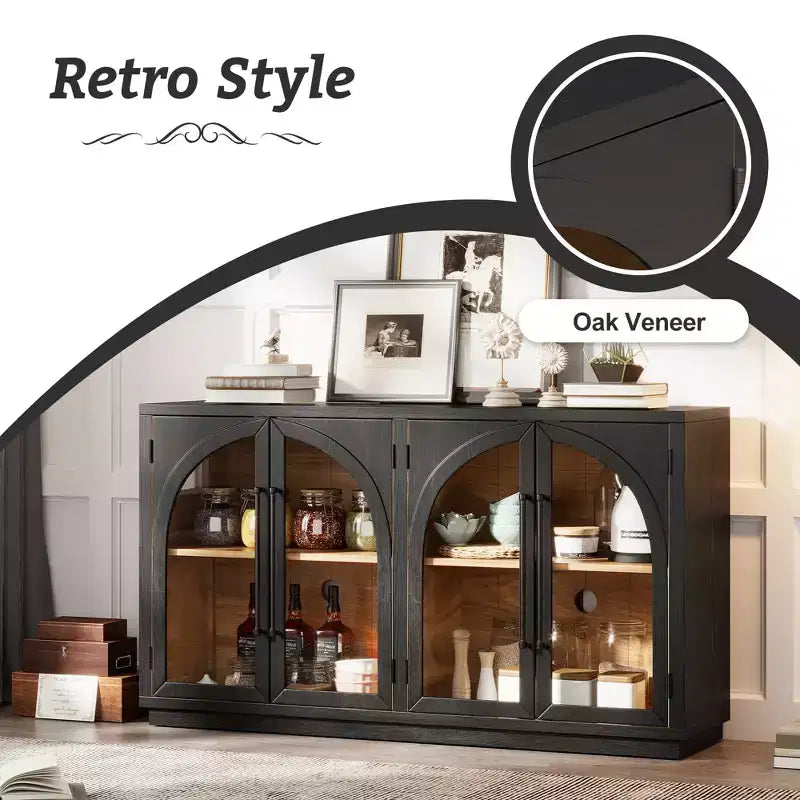 Meuble buffet de rangement Merax à 4 portes de style rétro avec verre arqué et étagères réglables