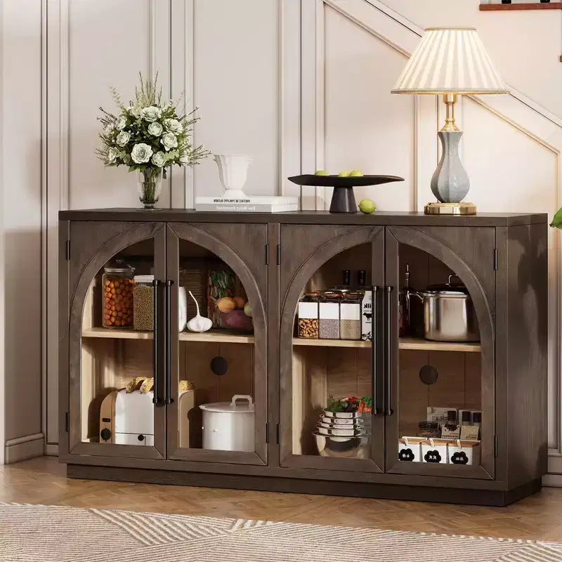Meuble buffet de rangement Merax à 4 portes de style rétro avec verre arqué et étagères réglables