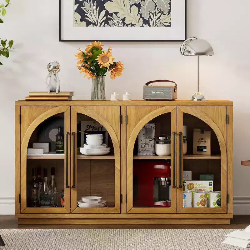 Meuble buffet de rangement Merax à 4 portes de style rétro avec verre arqué et étagères réglables