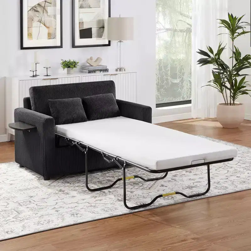 Convertible Chaise Lounge Twin Size Sofa Bed Sleeper Sofa Loveseat with Foldable Mattress, Foldable Side Table, Storage Pocket & USB Ports-ModernLuxe