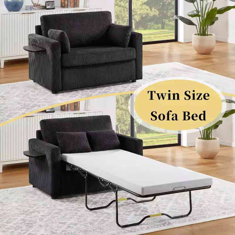 Chaise longue convertible, canapé-lit double, causeuse avec matelas pliable, table d'appoint pliable, poche de rangement et ports USB - ModernLuxe