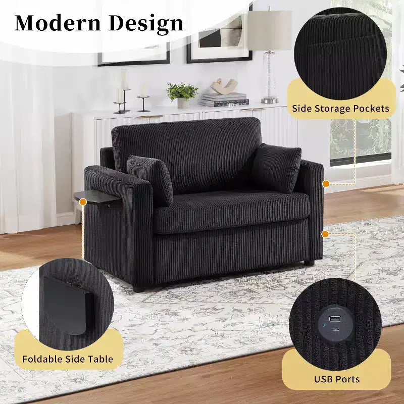 Chaise longue convertible, canapé-lit double, causeuse avec matelas pliable, table d'appoint pliable, poche de rangement et ports USB - ModernLuxe