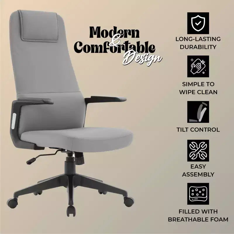 Chaise de bureau ergonomique LeisureMod Nexa à dossier haut - Hauteur réglable, pivotante, inclinable, appuie-tête rembourré, soutien lombaire, chaise de bureau pour la maison