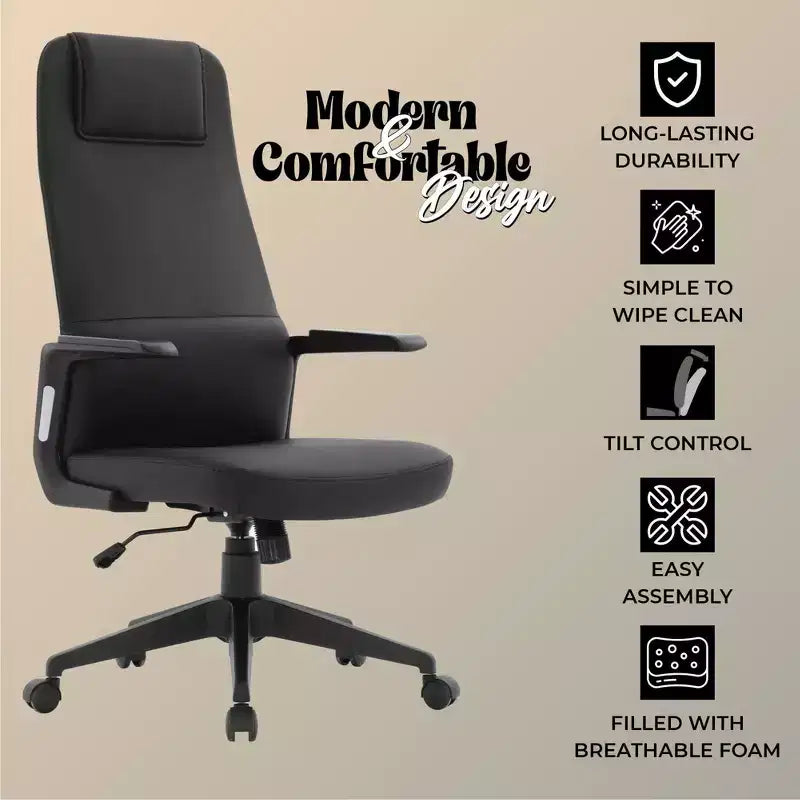 Chaise de bureau ergonomique LeisureMod Nexa à dossier haut - Hauteur réglable, pivotante, inclinable, appuie-tête rembourré, soutien lombaire, chaise de bureau pour la maison