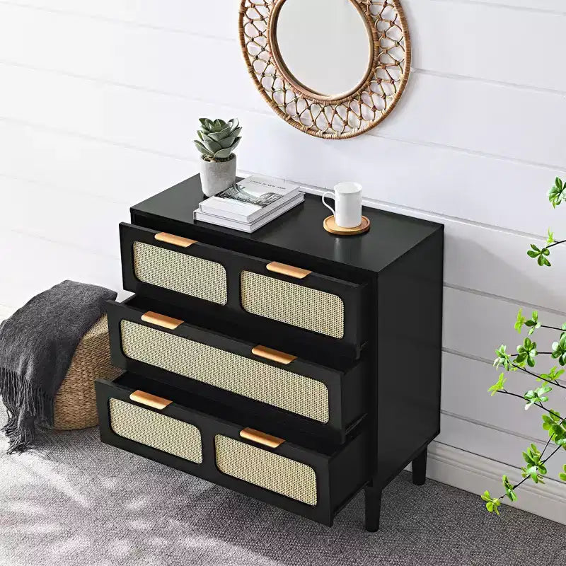 Commode rustique Okak pour chambre à coucher avec grand tiroir en rotin, meuble de rangement en bois pour salon, couloir, entrée
