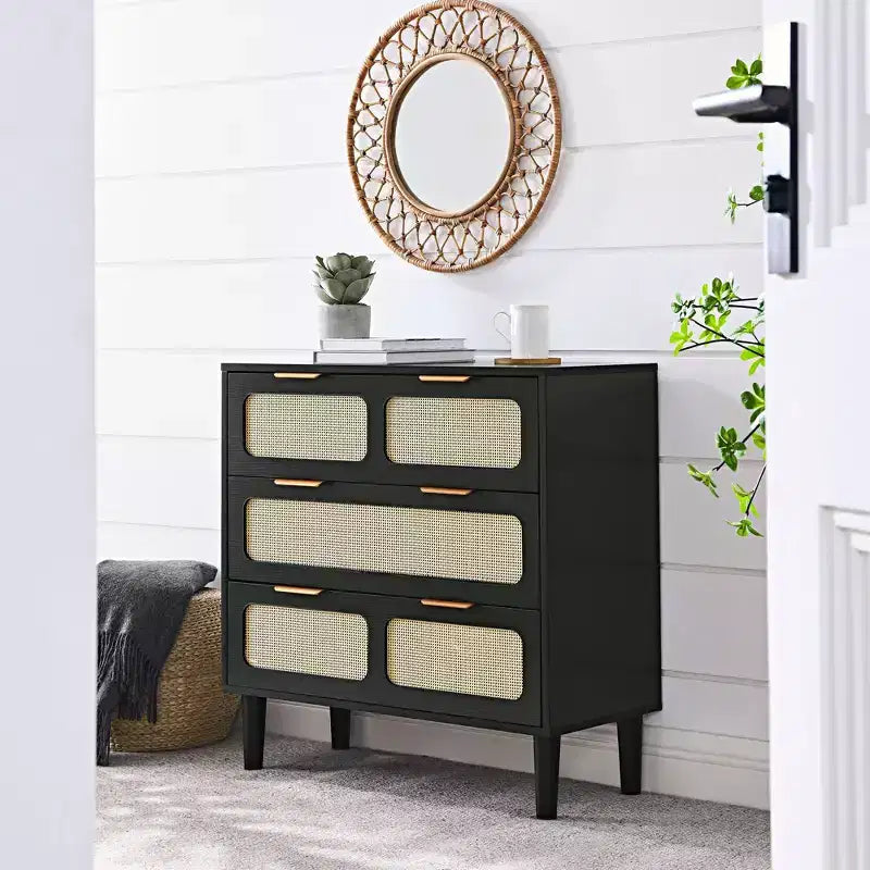 Commode rustique Okak pour chambre à coucher avec grand tiroir en rotin, meuble de rangement en bois pour salon, couloir, entrée