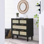 Commode rustique Okak pour chambre à coucher avec grand tiroir en rotin, meuble de rangement en bois pour salon, couloir, entrée