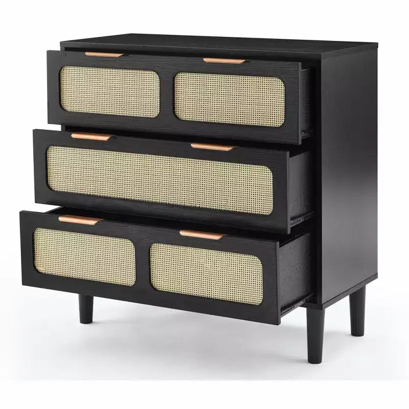 Commode rustique Okak pour chambre à coucher avec grand tiroir en rotin, meuble de rangement en bois pour salon, couloir, entrée