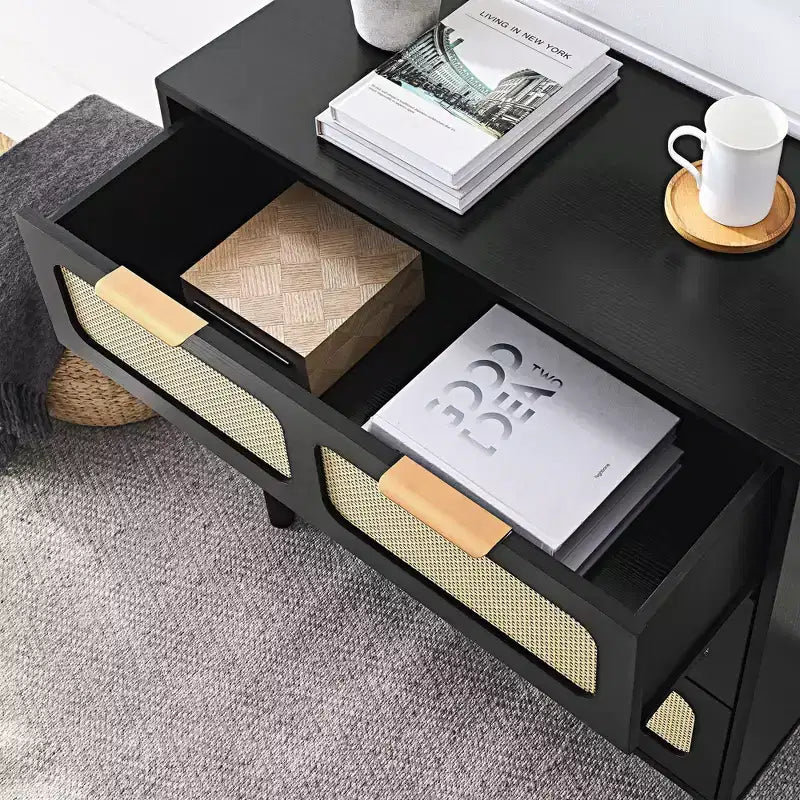 Commode rustique Okak pour chambre à coucher avec grand tiroir en rotin, meuble de rangement en bois pour salon, couloir, entrée