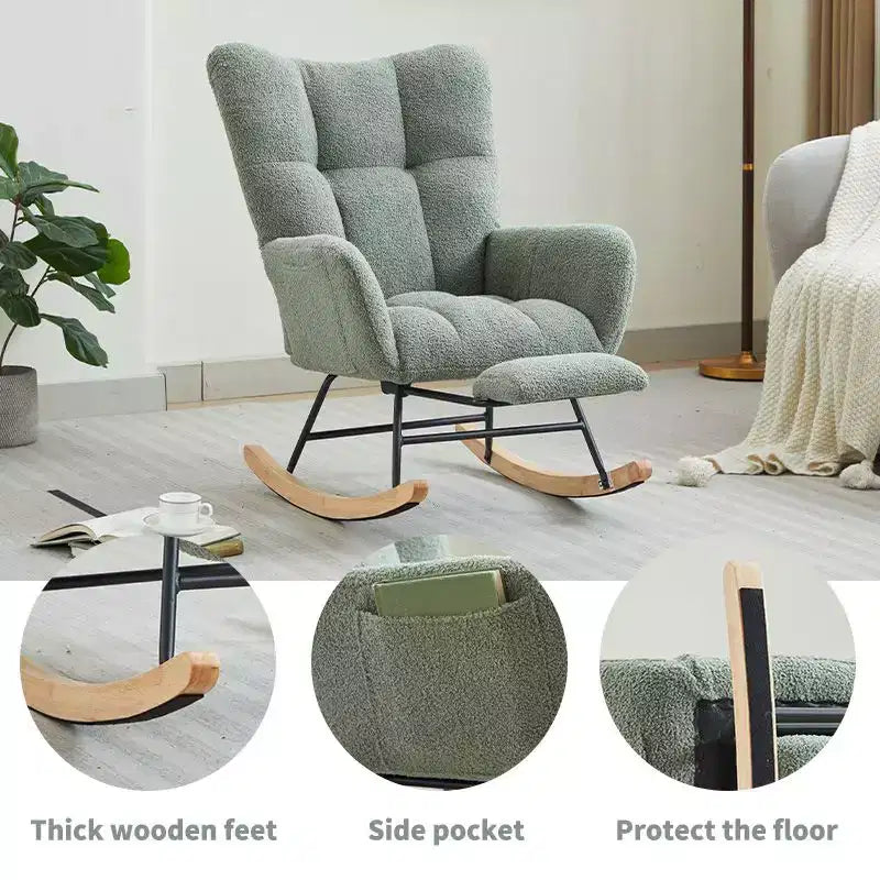 Fauteuil à bascule Okak Furry, fauteuil de salon avec repose-pieds et dossier haut rembourré confortable, fauteuil à bascule pour chambre à coucher ou chambre de bébé