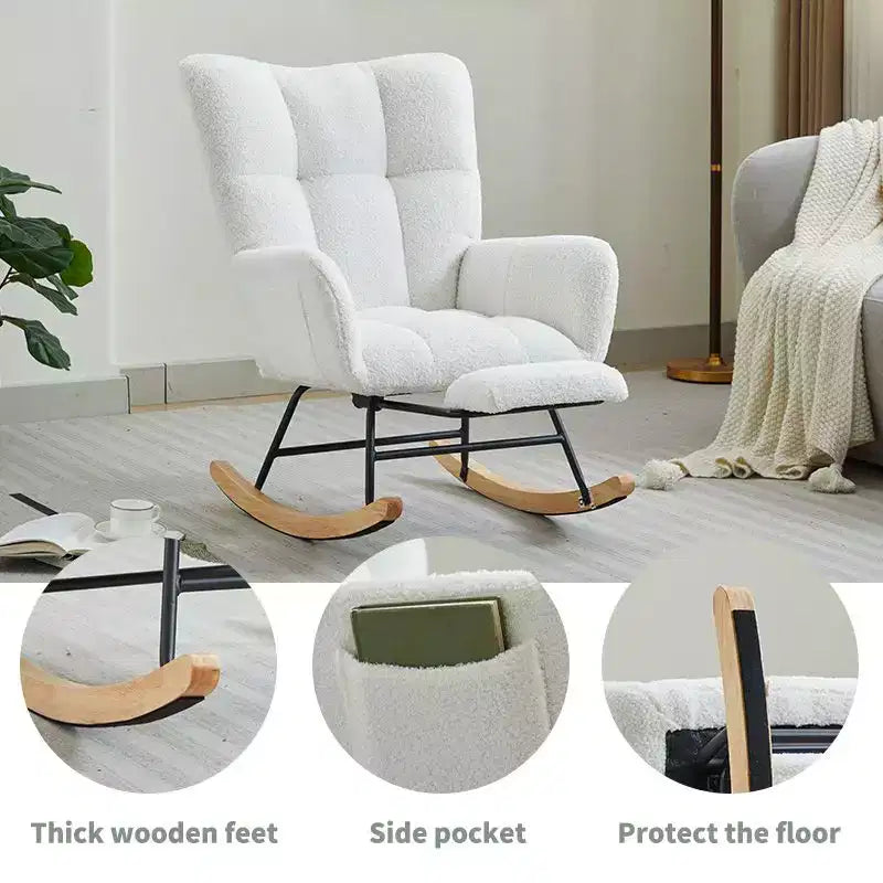Fauteuil à bascule Okak Furry, fauteuil de salon avec repose-pieds et dossier haut rembourré confortable, fauteuil à bascule pour chambre à coucher ou chambre de bébé