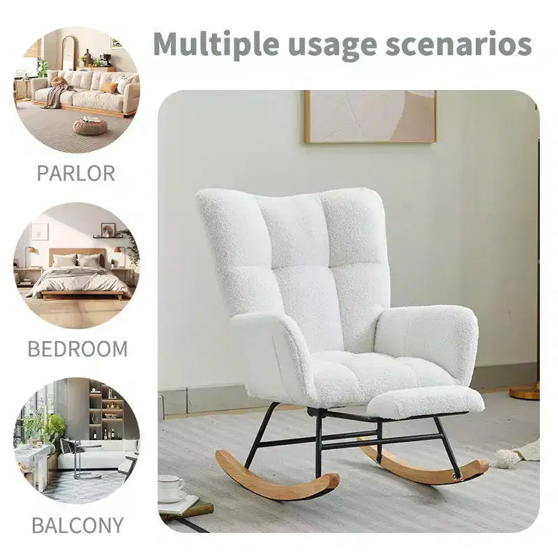 Fauteuil à bascule Okak Furry, fauteuil de salon avec repose-pieds et dossier haut rembourré confortable, fauteuil à bascule pour chambre à coucher ou chambre de bébé