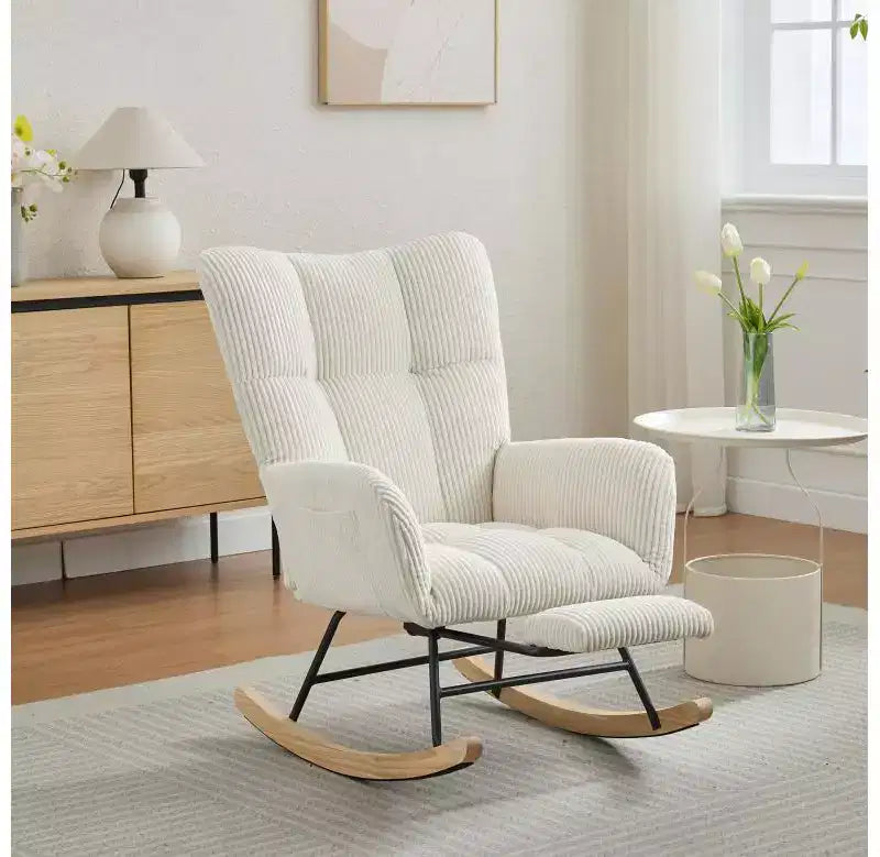Fauteuil à bascule Okak Furry, fauteuil de salon avec repose-pieds et dossier haut rembourré confortable, fauteuil à bascule pour chambre à coucher ou chambre de bébé
