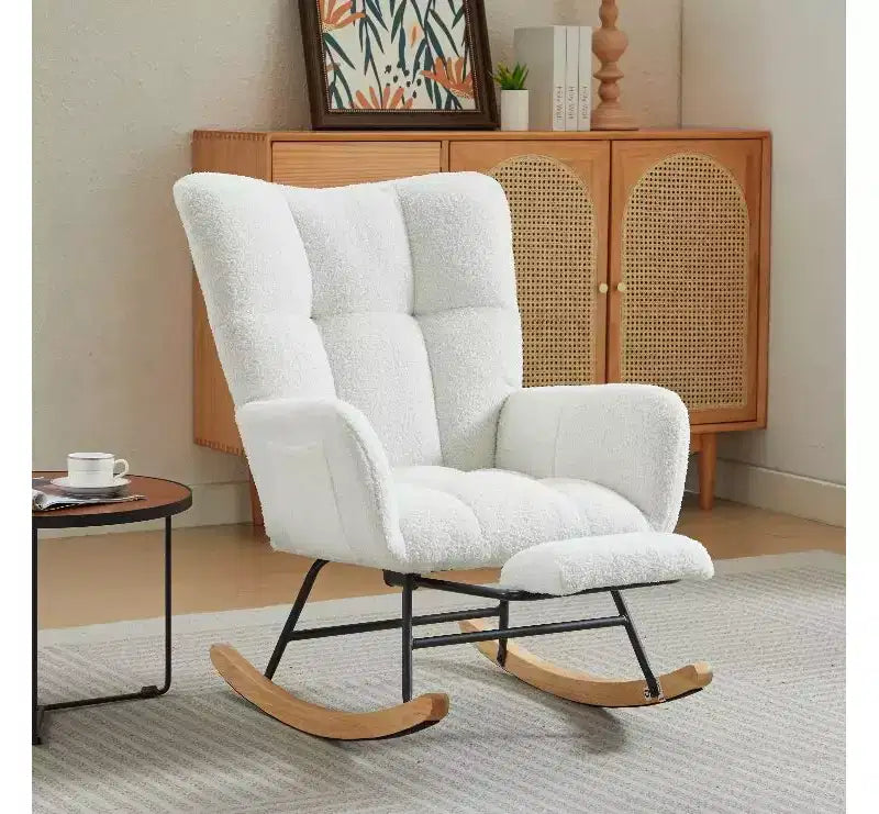 Fauteuil à bascule Okak Furry, fauteuil de salon avec repose-pieds et dossier haut rembourré confortable, fauteuil à bascule pour chambre à coucher ou chambre de bébé