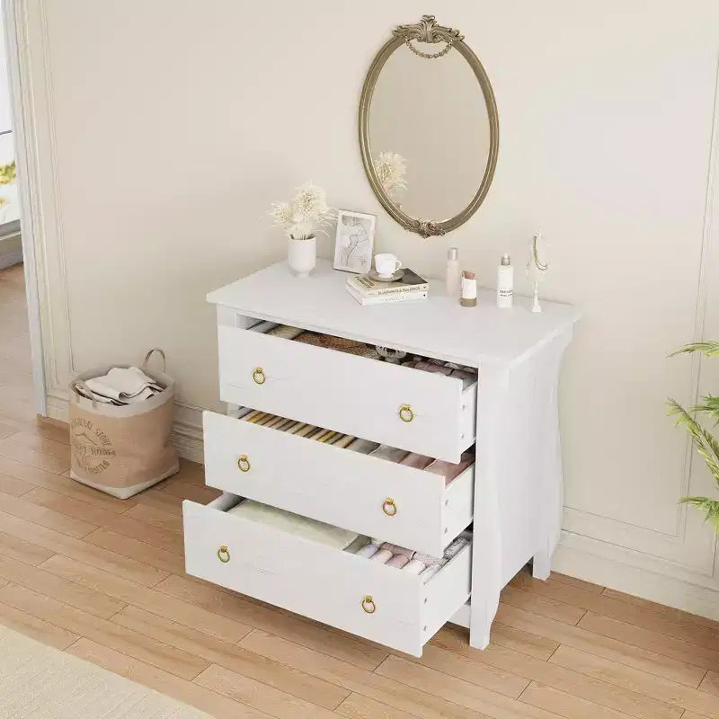Commode Garvee blanche à 3 tiroirs, table de chevet du milieu du siècle avec 3 tiroirs et pieds incurvés pour salon, chambre, entrée ou chambre d'enfant.