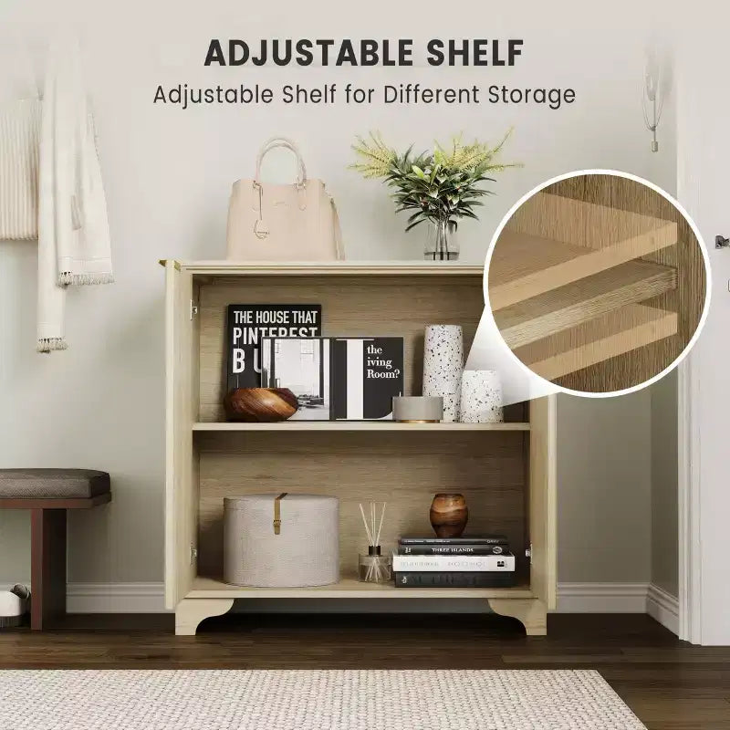 Bahut avec portes cannelées, Meuble de rangement de cuisine de style ferme avec étagères réglables, Meuble de bar à café moderne pour la maison, Chêne naturel