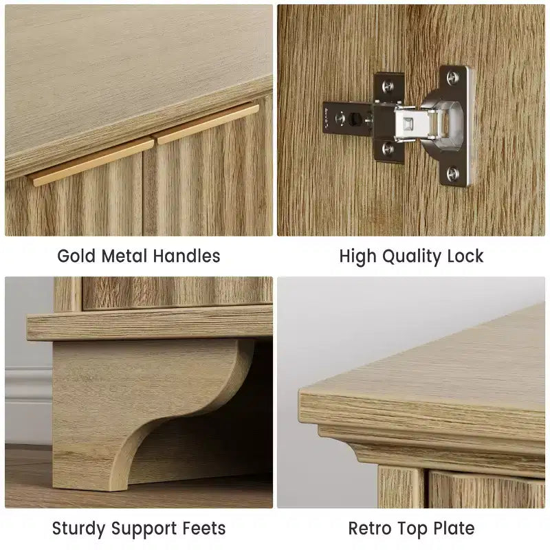 Bahut avec portes cannelées, Meuble de rangement de cuisine de style ferme avec étagères réglables, Meuble de bar à café moderne pour la maison, Chêne naturel