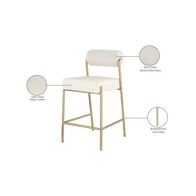 Meridian Furniture, Tabouret de comptoir Carly, assise en cuir végétalien crème / dossier en tissu bouclé