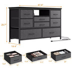 Meuble TV commode avec prise de courant et lumières LED pour téléviseur de 55", centre de divertissement à 8 tiroirs, commode en tissu avec plateau en bois, noir