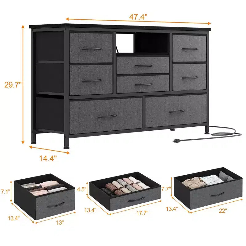 Meuble TV commode avec prise de courant et lumières LED pour téléviseur de 55", centre de divertissement à 8 tiroirs, commode en tissu avec plateau en bois, noir