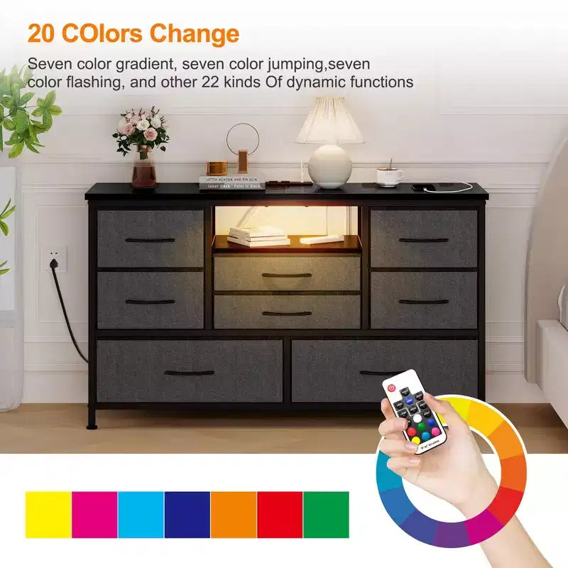 Meuble TV commode avec prise de courant et lumières LED pour téléviseur de 55", centre de divertissement à 8 tiroirs, commode en tissu avec plateau en bois, noir