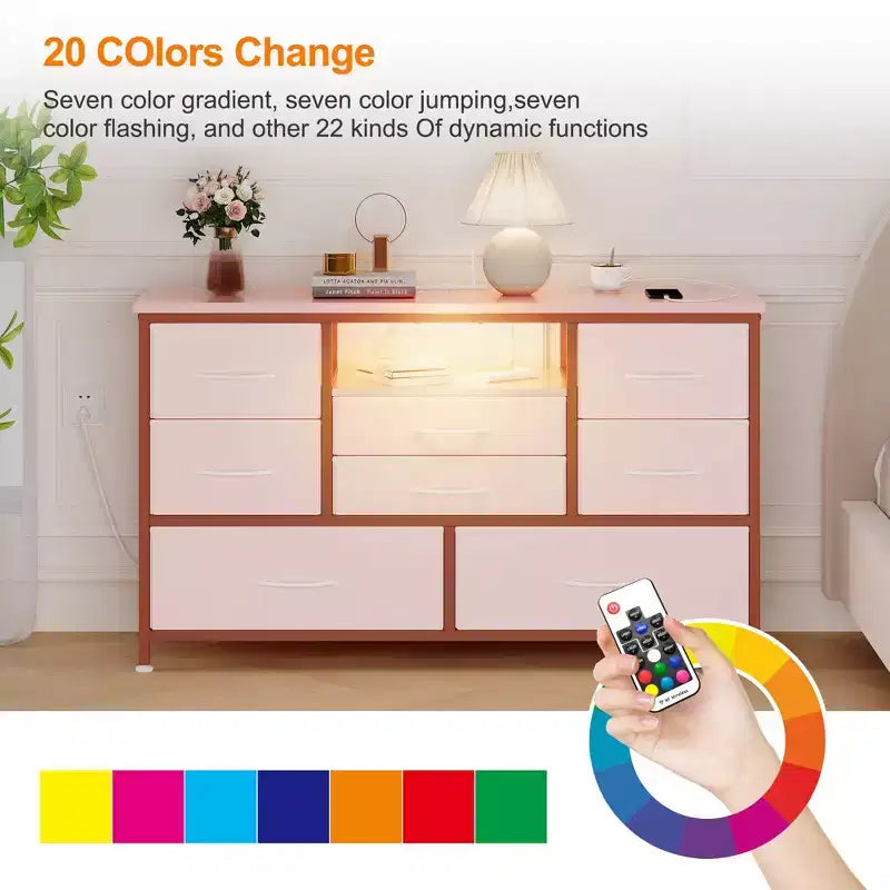 Meuble TV commode avec prise de courant et lumières LED pour téléviseur de 55", centre de divertissement à 8 tiroirs, commode en tissu avec plateau en bois, noir