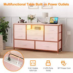 Meuble TV commode avec prise de courant et lumières LED pour téléviseur de 55", centre de divertissement à 8 tiroirs, commode en tissu avec plateau en bois, noir