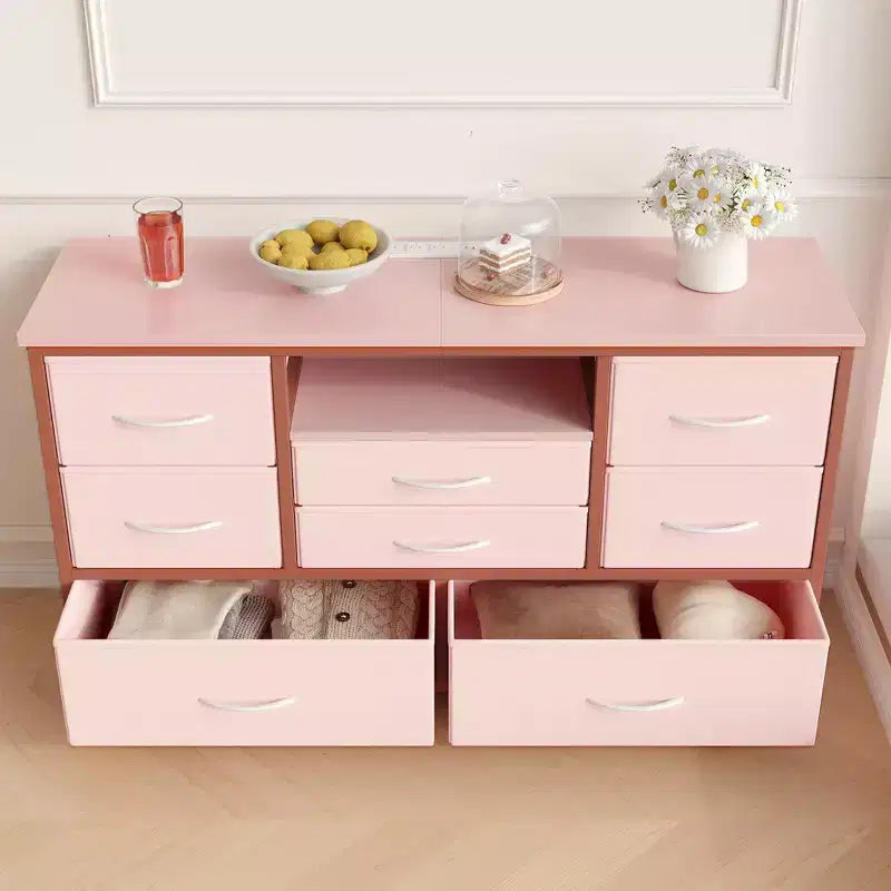 Meuble TV commode avec prise de courant et lumières LED pour téléviseur de 55", centre de divertissement à 8 tiroirs, commode en tissu avec plateau en bois, noir
