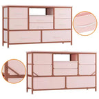 Meuble TV commode avec prise de courant et lumières LED pour téléviseur de 55", centre de divertissement à 8 tiroirs, commode en tissu avec plateau en bois, noir
