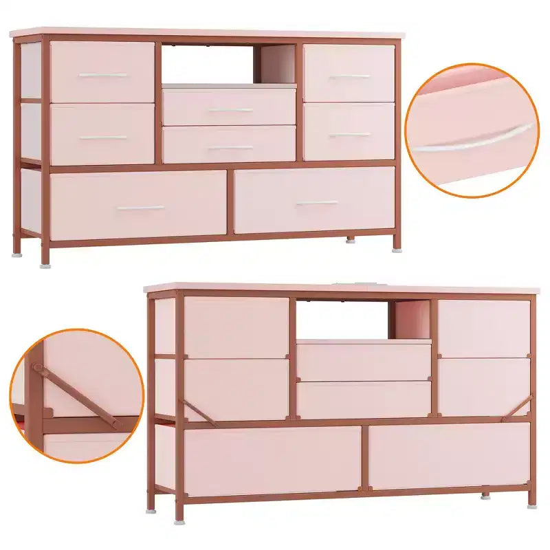 Meuble TV commode avec prise de courant et lumières LED pour téléviseur de 55", centre de divertissement à 8 tiroirs, commode en tissu avec plateau en bois, noir