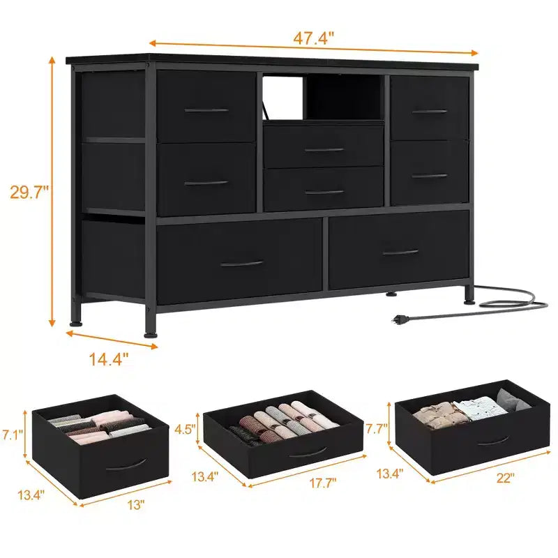 Meuble TV commode avec prise de courant et lumières LED pour téléviseur de 55", centre de divertissement à 8 tiroirs, commode en tissu avec plateau en bois, noir