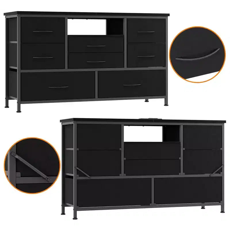 Meuble TV commode avec prise de courant et lumières LED pour téléviseur de 55", centre de divertissement à 8 tiroirs, commode en tissu avec plateau en bois, noir